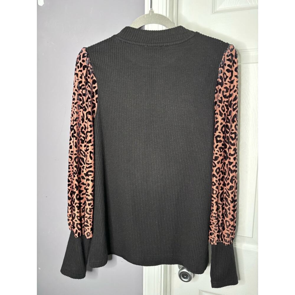 Hudson Gray Black Ribbed High Neck Top Leopard Long Sleeve Small - Picture 5 of 6